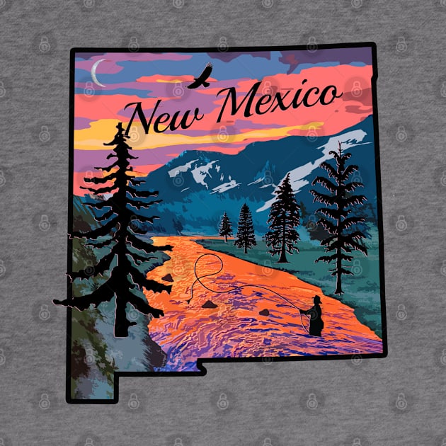 Fly Fishing New Mexico State Map Mountain Sunset River Retro by TeeCreations